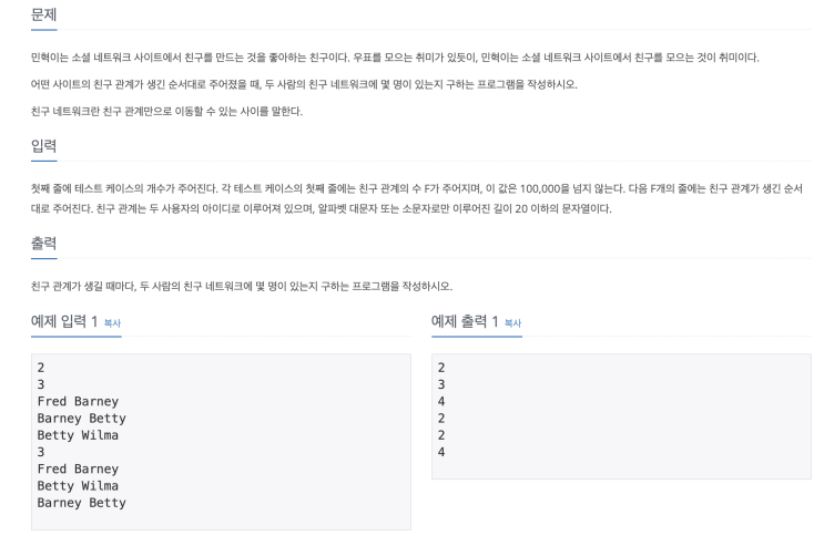  백준 4195번 '친구 네트워크' 파이썬(Python) /분리 집합, Union-Find, Hash