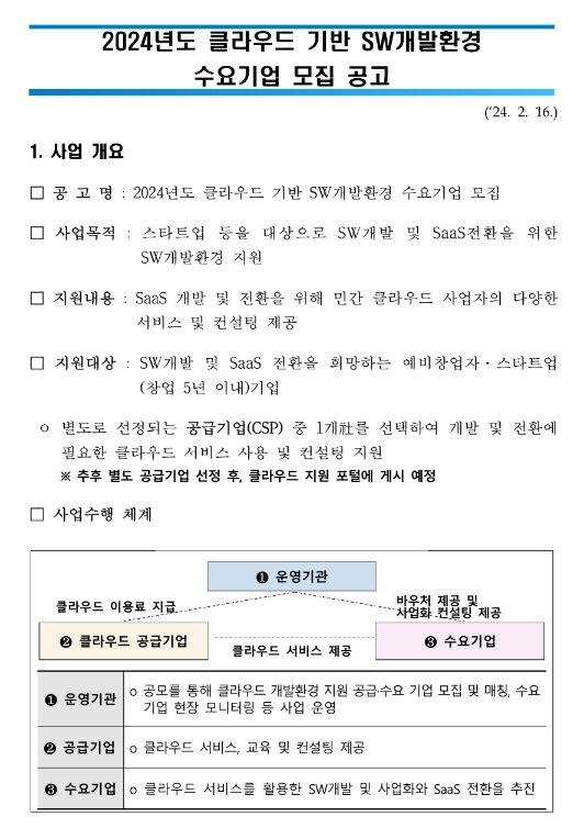 2024년 클라우드 기반 SW개발환경 수요기업 모집 공고