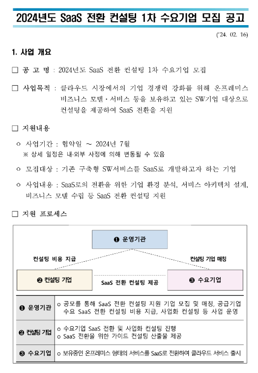 2024년 1차 SaaS 전환 컨설팅 수요기업 모집 공고