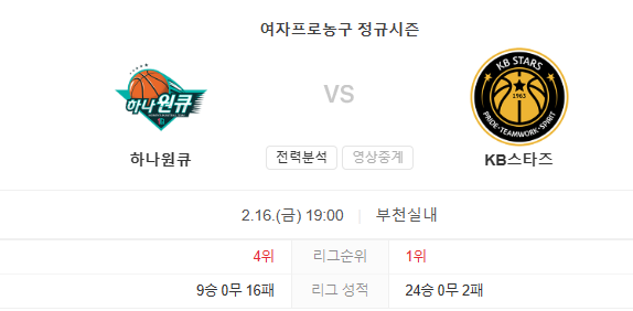  2월 16일 하나원큐 KB스타즈 여자농구분석