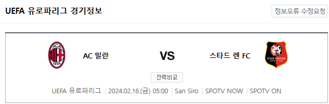  AC밀란 스타드렌 2월16일 유로파분석