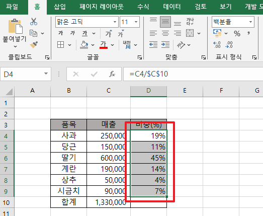  엑셀 퍼센트(%)수식 쉽게 계산하기(feat.절대참조)