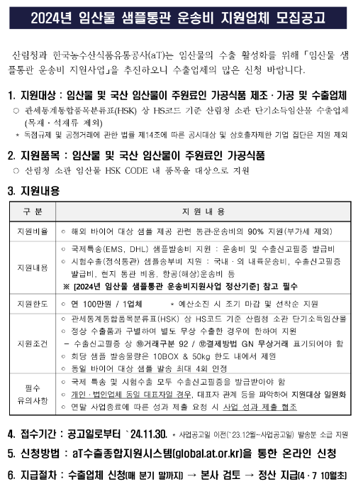 2024년 임산물 샘플통관 운송비 지원업체 모집 공고 2024년 임산물 샘플통관 운송비 지원업체 모집 공고