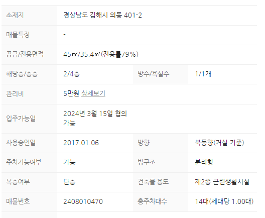  앗!! 이런 좋은 룸 1, 거실 1 올전세 : 김해시 외동 401-2