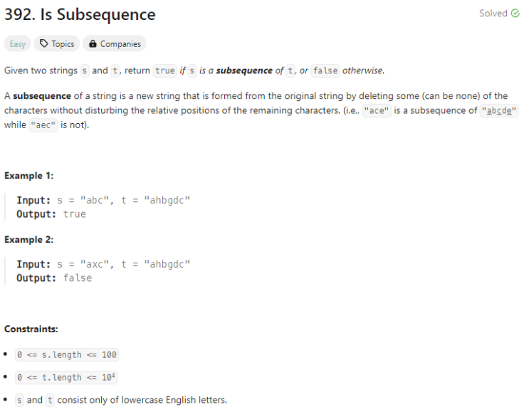 [Python] 리트코드 392. Is Subsequence (투 포인터)