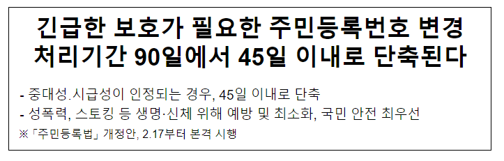긴급한 보호가 필요한 주민등록번호 변경 처리기간 90일에서 45일 이내로 단축된다 긴급한 보호가 필요한 주민등록번호 변경 처리기간 90일에서 45일 이내로 단축된다