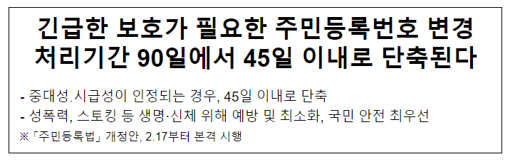 긴급한 보호가 필요한 주민등록번호 변경 처리기간 90일에서 45일 이내로 단축된다