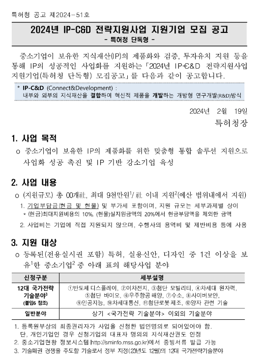 2024년 IP-C&D 전략지원사업 지원기업 모집 공고(특허청 단독형)