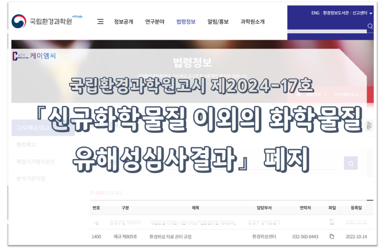  [ 주식회사 케이엠씨 ] 국립환경과학원고시 제2024-17호 「신규화학물질 이외의 화학물질 유해성심사결과」폐지