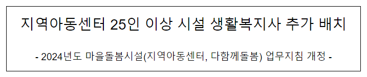 지역아동센터 25인 이상 시설 생활복지사 추가 배치