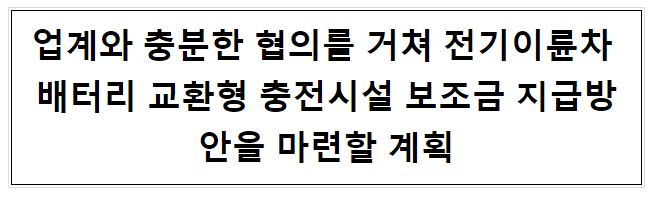 업계와 충분한 협의를 거쳐 전기이륜차 배터리 교환형 충전시설 보조금 지급방안을 마련할 계획