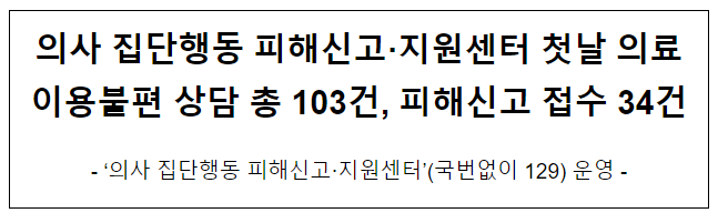 의사 집단행동 피해신고.지원센터 첫날 의료이용불편 상담 총 103건, 피해신고 접수 34건 의사 집단행동 피해신고.지원센터 첫날 의료이용불편 상담 총 103건, 피해신고 접수 34건