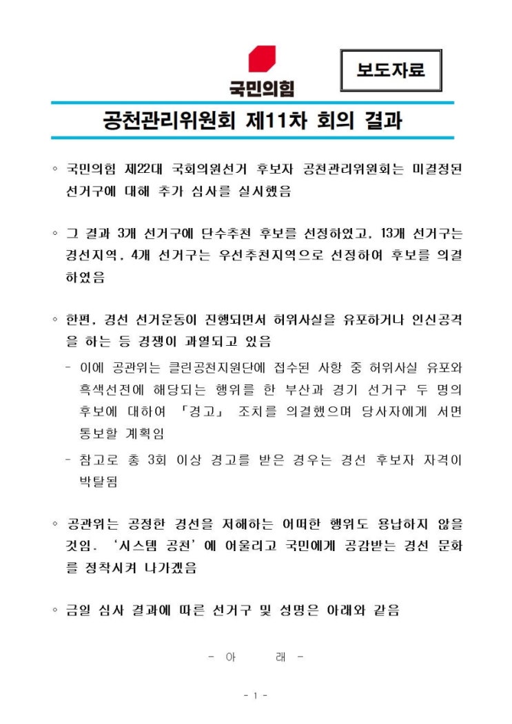 경선지역 <b>공천</b>심사 결과 발표 / 3곳 <b>단수</b>, 13곳 경선지역 지정... 