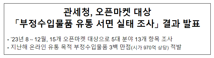 관세청, 오픈마켓 대상 「부정수입물품 유통 서면 실태 조사」 결과 발표