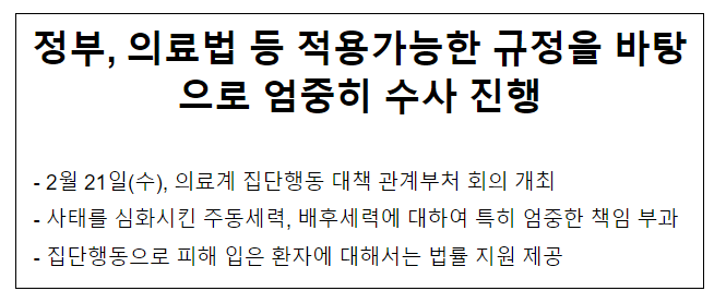 정부, 의료법 등 적용가능한 규정을 바탕으로 엄중히 수사 진행 정부, 의료법 등 적용가능한 규정을 바탕으로 엄중히 수사 진행