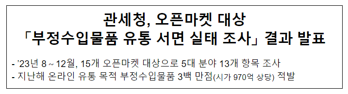 관세청, 오픈마켓 대상 「부정수입물품 유통 서면 실태 조사」 결과 발표 관세청, 오픈마켓 대상 「부정수입물품 유통 서면 실태 조사」 결과 발표