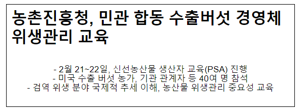 농촌진흥청, 민관 합동 수출버섯 경영체 위생관리 교육 농촌진흥청, 민관 합동 수출버섯 경영체 위생관리 교육
