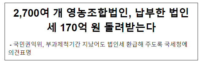 2,700여 개 영농조합법인, 납부한 법인세 170억 원 돌려받는다 2,700여 개 영농조합법인, 납부한 법인세 170억 원 돌려받는다