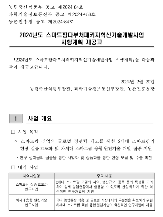 2024년 스마트팜다부처패키지혁신기술개발사업 시행계획 재공고