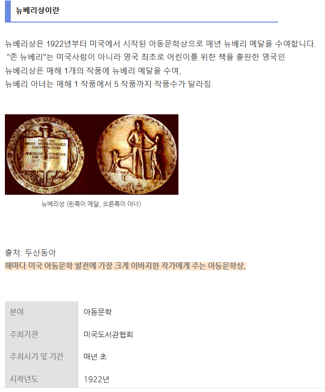  뉴베리 추천 도서 목록