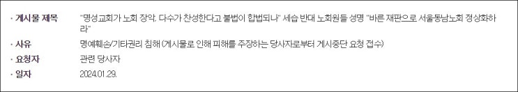 "명성교회가 노회 장악, 다수가 찬성한다고 불법이 합법되나" 세습 반대 노회원들 성명 "바른 재판으로 서울동남노회 정상화하라"