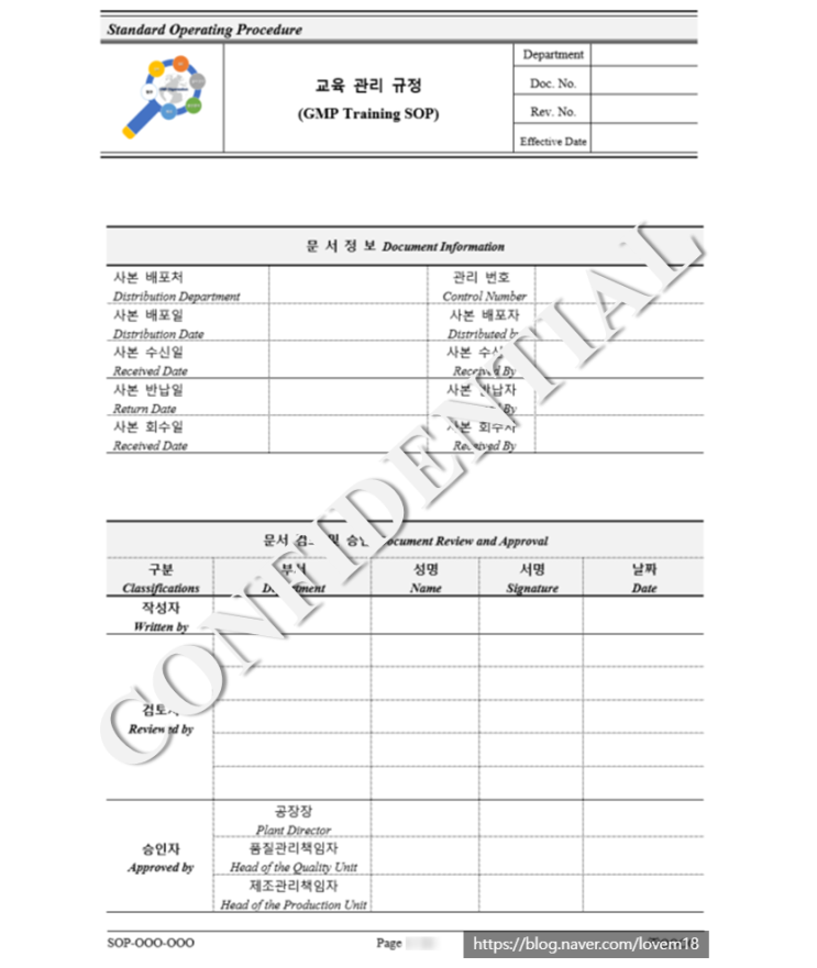  GMP 문서 part 2(일반관리 기준서: 교육 관리 SOP-1)