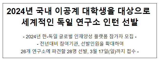 2024년 국내 이공계 대학생을 대상으로 세계적인 독일 연구소 인턴 선발 2024년 국내 이공계 대학생을 대상으로 세계적인 독일 연구소 인턴 선발