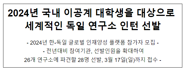 2024년 국내 이공계 대학생을 대상으로 세계적인 독일 연구소 인턴 선발