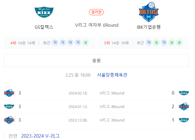  (2024년 2월 25일 V리그) GS칼텍스 IBK기업은행 경기 일정과 분석