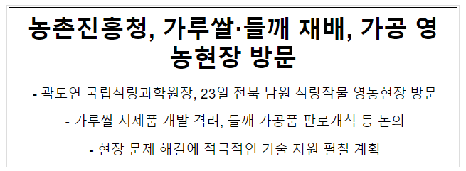 농촌진흥청, 가루쌀·들깨 재배, 가공 영농현장 방문 농촌진흥청, 가루쌀·들깨 재배, 가공 영농현장 방문