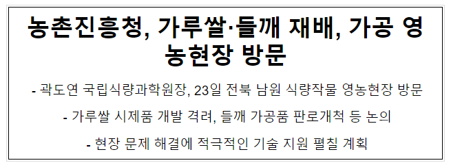 농촌진흥청, 가루쌀·들깨 재배, 가공 영농현장 방문