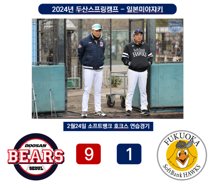 두산베어스 소프트뱅크스 2군과 연습경기 9 대 1 승 <b>김민혁</b>... 