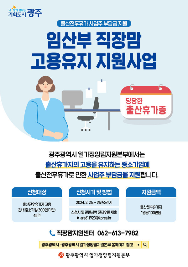 광주 중소기업 대상, 임산부 직장맘 고용유지 지원금 1인당 100만 원 지원한다