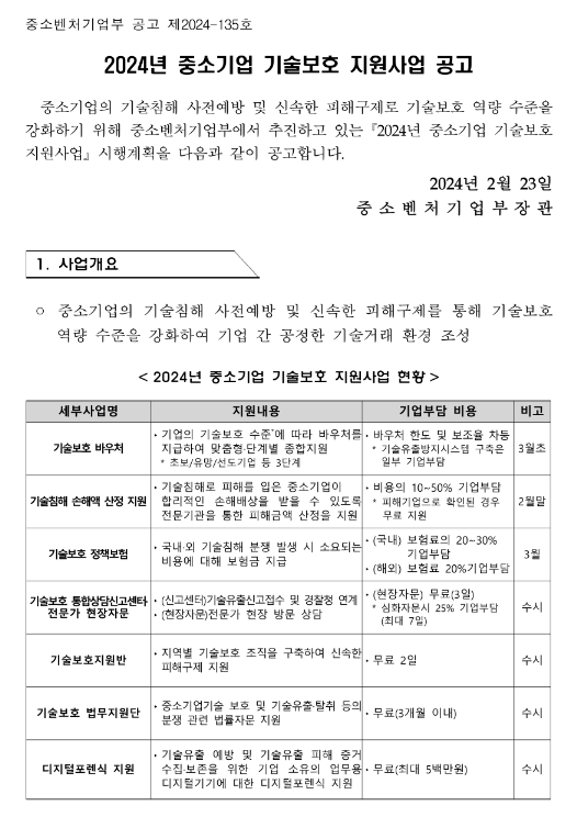 기술지킴서비스(2024년 중소기업 기술보호 지원사업 공고)