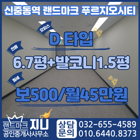  [신중동역사무실]신중동역 랜드마크 푸르지오시티 오피스 월세 500/45
