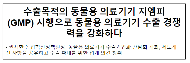 수출목적의 동물용 의료기기 지엠피(GMP) 시행으로 동물용 의료기기 수출 경쟁력을 강화하다