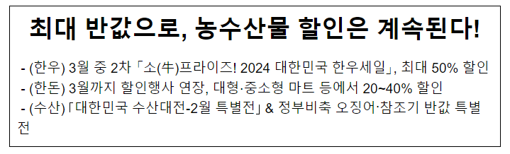 최대 반값으로, 농수산물 할인은 계속된다! 최대 반값으로, 농수산물 할인은 계속된다!