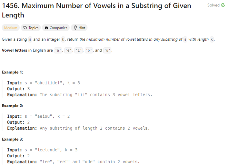 [Python] 리트코드 1456. Maximum Number of Vowels in a Substring of Given Length (슬라이딩 윈도우)