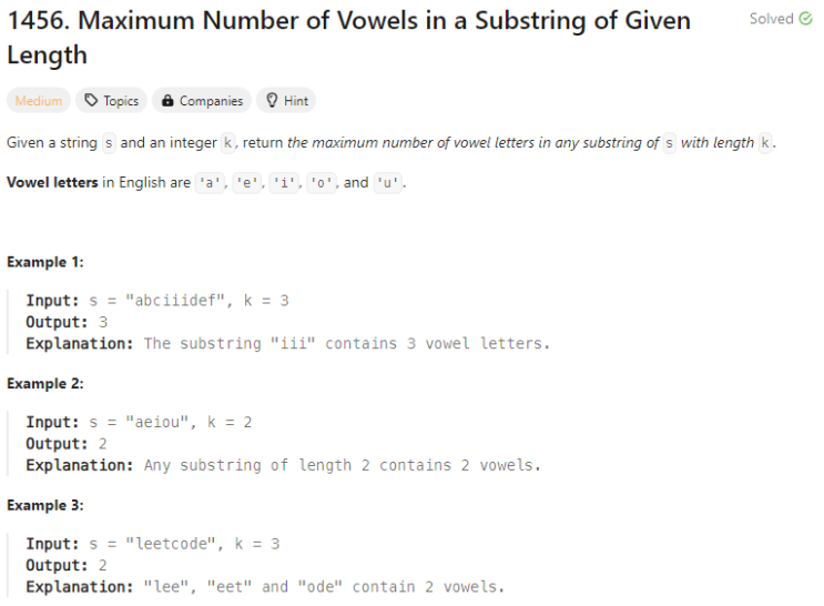  [Python] 리트코드 1456. Maximum Number of Vowels in a Substring of Given Length (슬라이딩 윈도우)