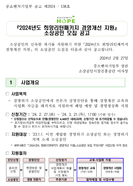 2024년 희망리턴패키지 경영개선 지원 소상공인 모집 공고