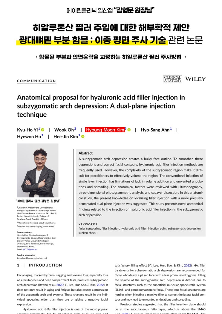  히알루론산 필러 주입에 대한 해부학적 제안 광대뼈밑 부분 함몰 : 이중 평면 주사 기술 관련 논문 메이린클리닉 일산점 김형문 원장님