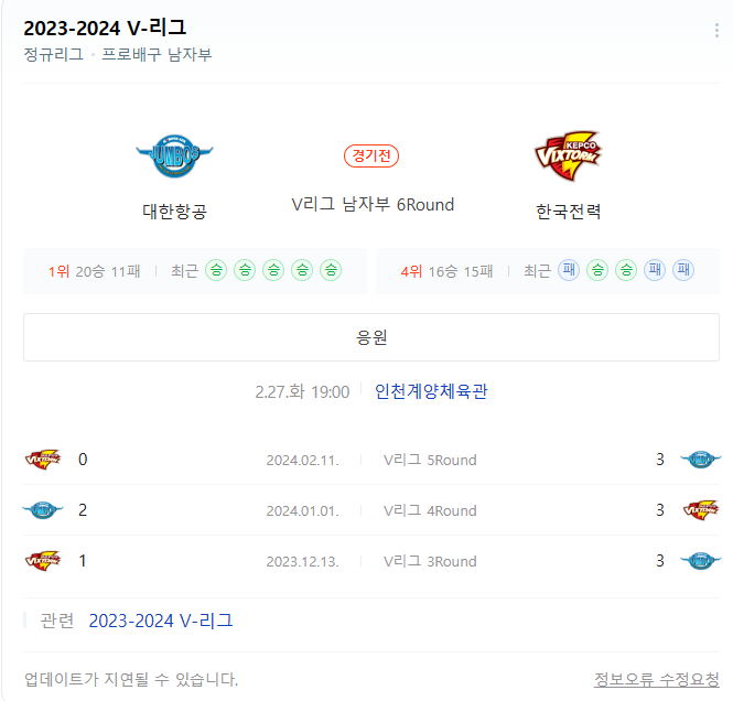 (2024년 2월 27일 V리그분석) 대한항공 한국전력 경기 일정과 분석