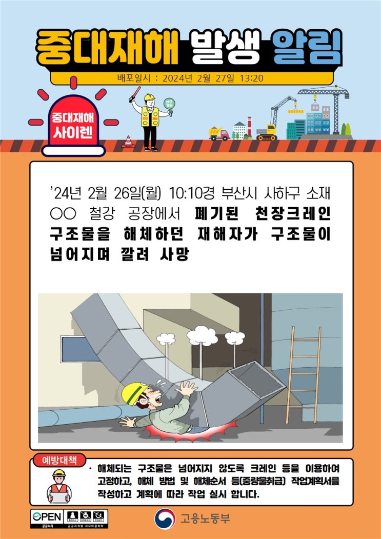  부산 ㅁㅁ철강공장 천장크레인 구조물 깔림사고