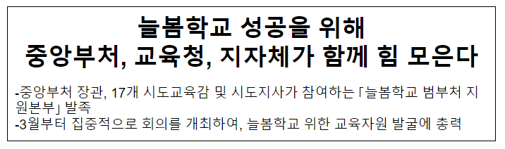 늘봄학교 성공을 위해 중앙부처, 교육청, 지자체가 함께 힘 모은다 늘봄학교 성공을 위해 중앙부처, 교육청, 지자체가 함께 힘 모은다