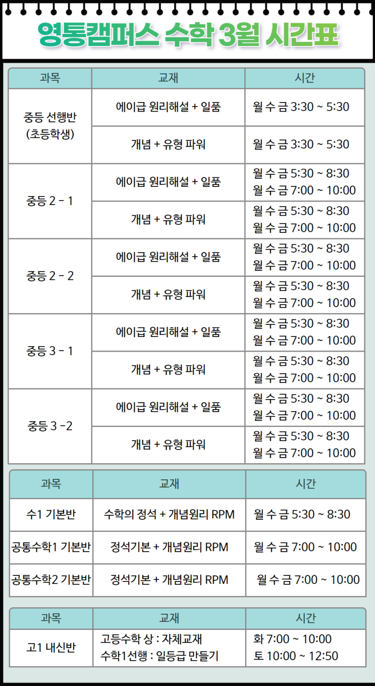  2024년 오일러학원 영통캠퍼스 3월 시간표