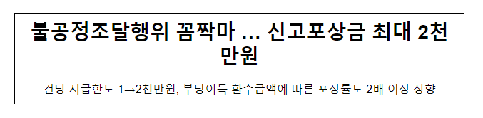 불공정조달행위 꼼짝마… 신고포상금 최대 2천만원 불공정조달행위 꼼짝마… 신고포상금 최대 2천만원