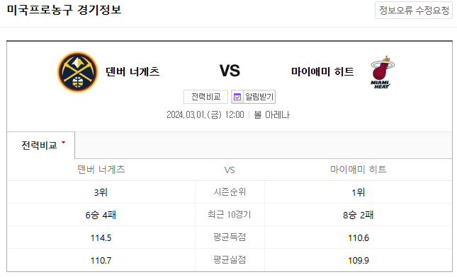  <NBA분석> 3월 1일 덴버 마이애미 해외농구중계 NBA중계