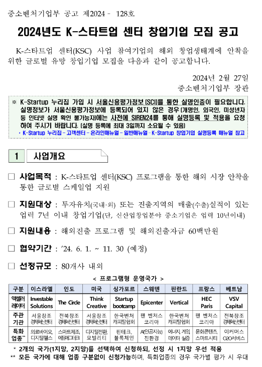 2024년 K-스타트업 센터(ksc) 창업기업 모집 공고 2024년 K-스타트업 센터(ksc) 창업기업 모집 공고