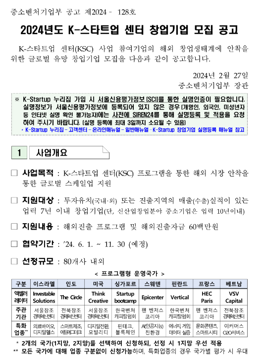 2024년 K-스타트업 센터(ksc) 창업기업 모집 공고 2024년 K-스타트업 센터(ksc) 창업기업 모집 공고