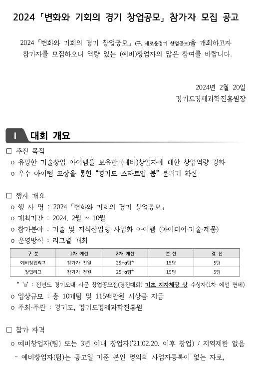 2024년 변화와 기회의 경기 창업공모 참가자 모집 공고